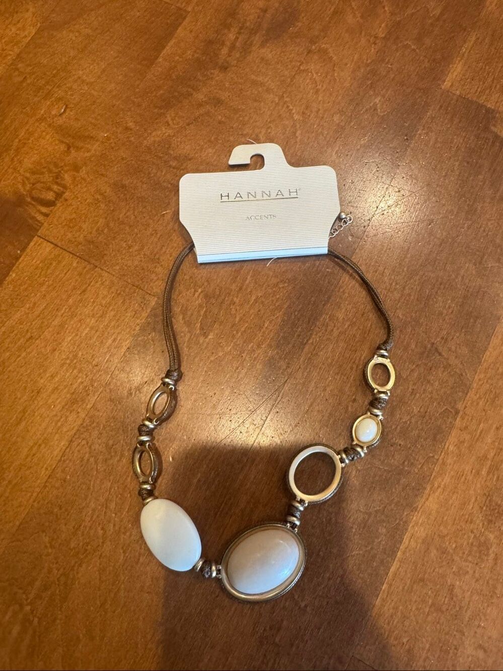 Hannah Accents Statement Necklace Brown Cord Ivory Silver Tone NWT